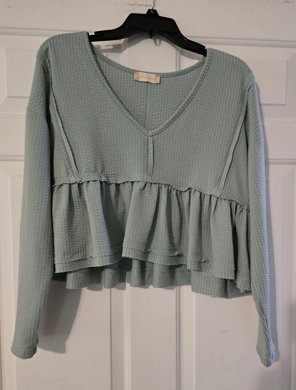 Altar'd State Waffle Knit Sage Green Peplum Long Sleeve Top